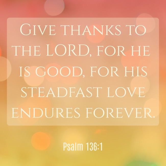Give thanks to the LORD, for he is good, for his steadfast love endures forever. - Psalm 136:1