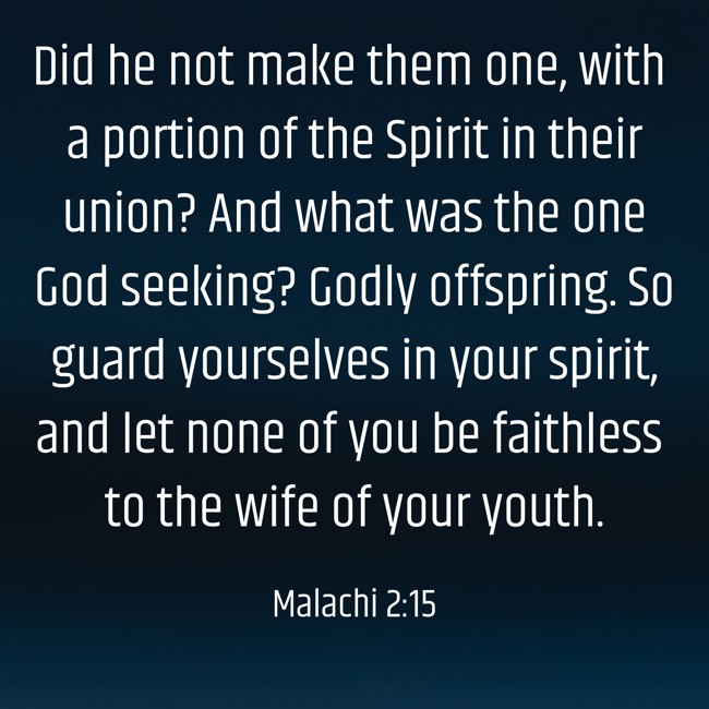 Did he not make them one, with a portion of the Spirit in their union? And what was the one God seeking? Godly offspring. So guard yourselves in your spirit, and let none of you be faithless to the wife of your youth. - Malachi 2:15