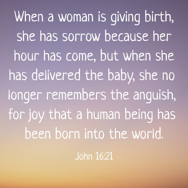 When a woman is giving birth, she has sorrow because her hour has come, but when she has delivered the baby, she no longer remembers the anguish, for joy that a human being has been born into the world. - John 16:21
