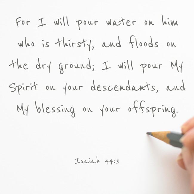  For I will pour water on him who is thirsty, and floods on the dry ground; I will pour My Spirit on your descendants, and My blessing on your offspring.   - Isaiah 44:3 