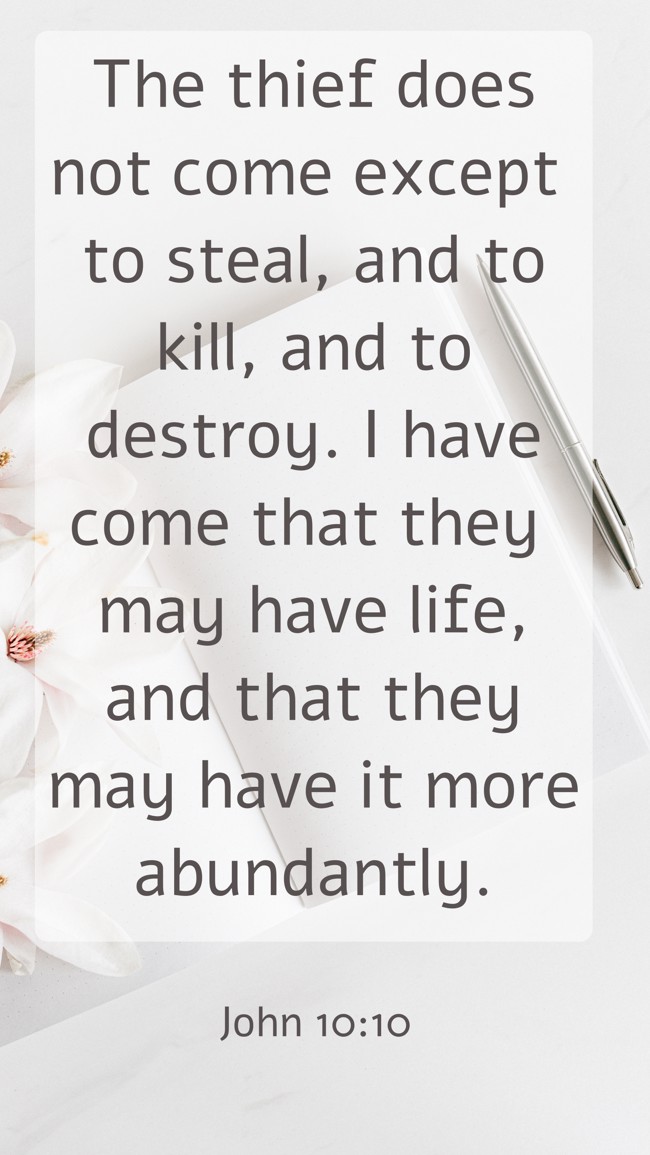  The thief does not come except to steal, and to kill, and to destroy. I have come that they may have life, and that they may have it more abundantly.   - John 10:10 