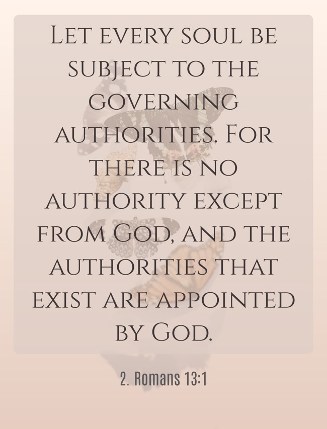  Let every soul be subject to the governing authorities. For there is no authority except from God, and the authorities that exist are appointed by God.   - 2. Romans 13:1 