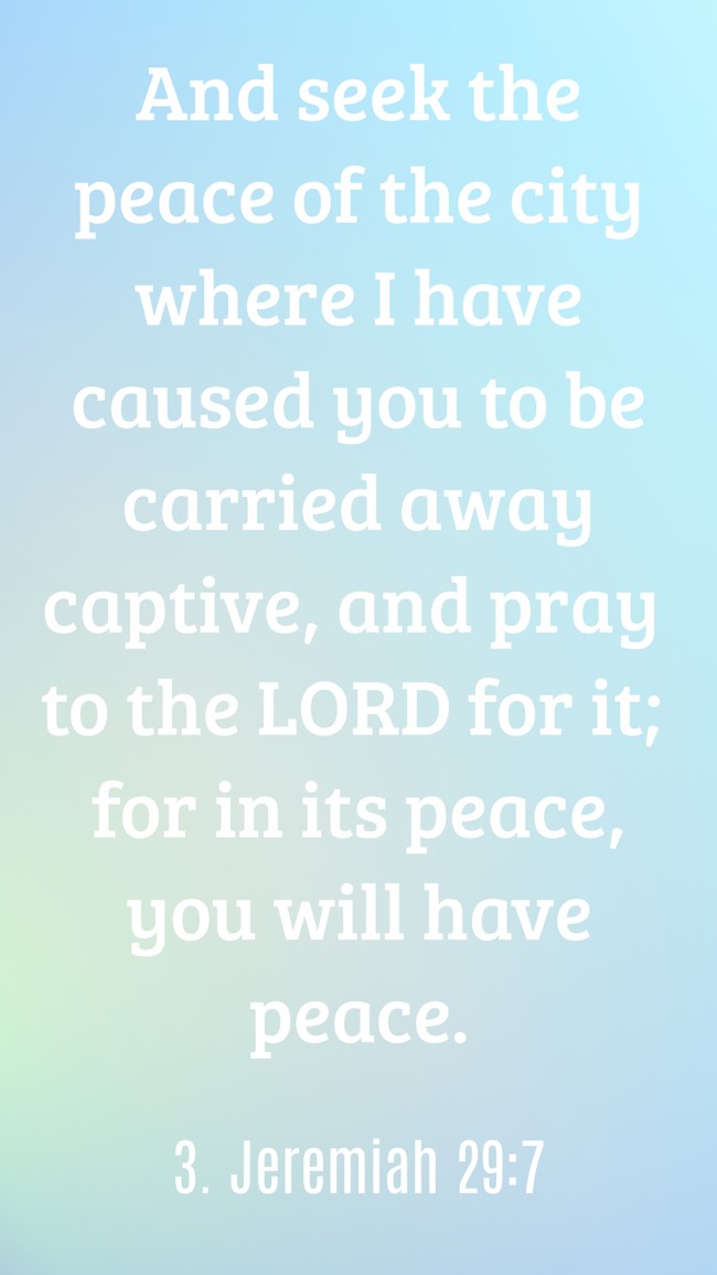  And seek the peace of the city where I have caused you to be carried away captive, and pray to the LORD for it; for in its peace, you will have peace.   - 3. Jeremiah 29:7 