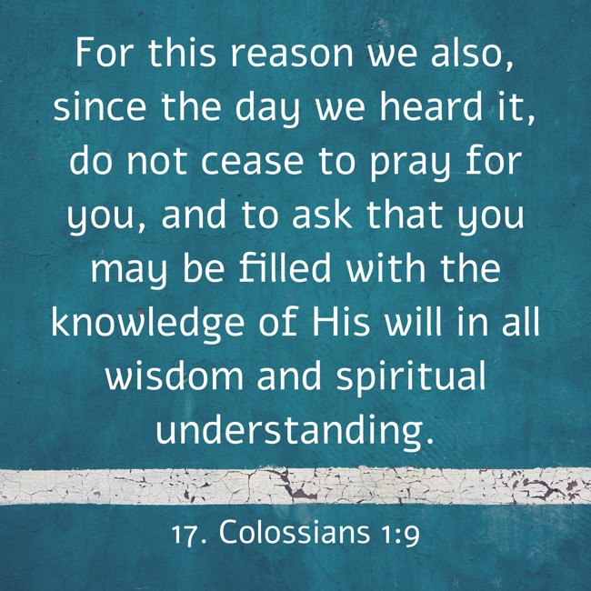  For this reason we also, since the day we heard it, do not cease to pray for you, and to ask that you may be filled with the knowledge of His will in all wisdom and spiritual understanding.   - 17. Colossians 1:9 