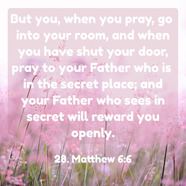  But you, when you pray, go into your room, and when you have shut your door, pray to your Father who is in the secret place; and your Father who sees in secret will reward you openly.   - 28. Matthew 6:6 
