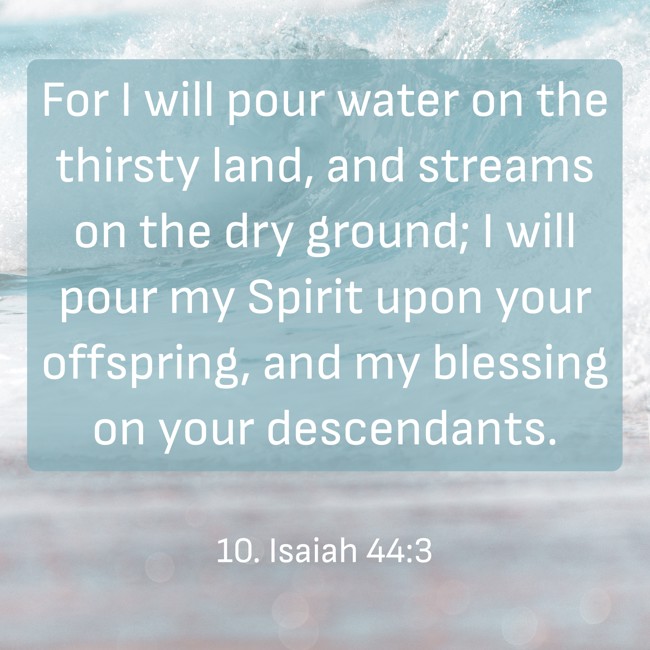  For I will pour water on the thirsty land, and streams on the dry ground; I will pour my Spirit upon your offspring, and my blessing on your descendants.   - 10. Isaiah 44:3 