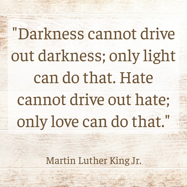  Darkness cannot drive out darkness; only light can do that. Hate cannot drive out hate; only love can do that.   - Martin Luther King Jr. 