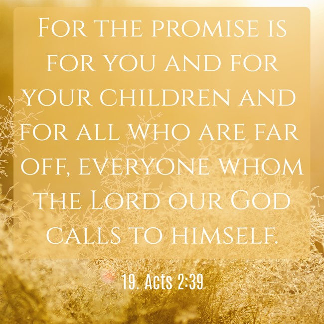  For the promise is for you and for your children and for all who are far off, everyone whom the Lord our God calls to himself.   - 19. Acts 2:39 