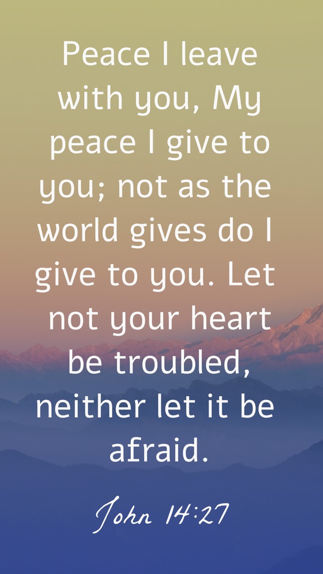  Peace I leave with you, My peace I give to you; not as the world gives do I give to you. Let not your heart be troubled, neither let it be afraid.   - John 14:27 