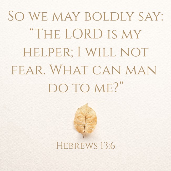  So we may boldly say: “The LORD is my helper; I will not fear. What can man do to me?”   - Hebrews 13:6 