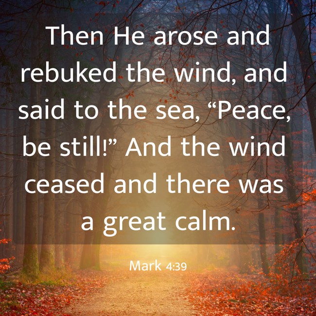  Then He arose and rebuked the wind, and said to the sea, “Peace, be still!” And the wind ceased and there was a great calm.   - Mark 4:39 