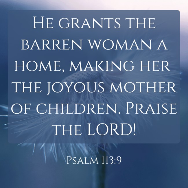 He grants the barren woman a home, making her the joyous mother of children. Praise the LORD! - Psalm 113:9