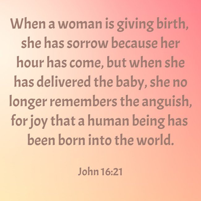 When a woman is giving birth, she has sorrow because her hour has come, but when she has delivered the baby, she no longer remembers the anguish, for joy that a human being has been born into the world. - John 16:21