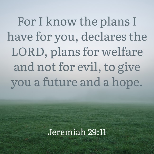 For I know the plans I have for you, declares the LORD, plans for welfare and not for evil, to give you a future and a hope. - Jeremiah 29:11