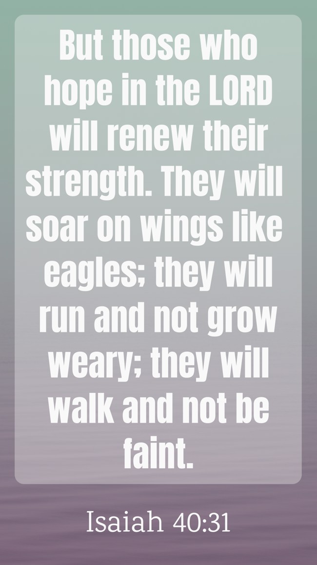 But those who hope in the LORD will renew their strength. They will soar on wings like eagles; they will run and not grow weary; they will walk and not be faint. - Isaiah 40:31