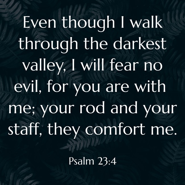 Even though I walk through the darkest valley, I will fear no evil, for you are with me; your rod and your staff, they comfort me. - Psalm 23:4