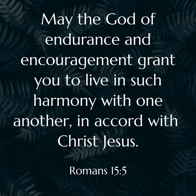 May the God of endurance and encouragement grant you to live in such harmony with one another, in accord with Christ Jesus. - Romans 15:5