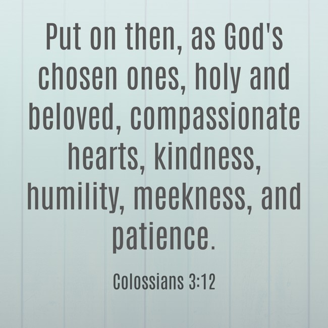 Put on then, as God's chosen ones, holy and beloved, compassionate hearts, kindness, humility, meekness, and patience. - Colossians 3:12