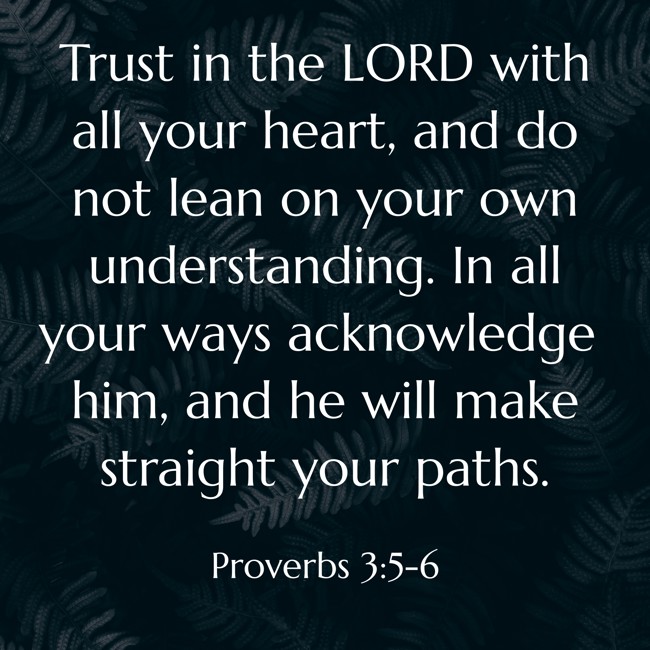Trust in the LORD with all your heart, and do not lean on your own understanding. In all your ways acknowledge him, and he will make straight your paths. - Proverbs 3:5-6