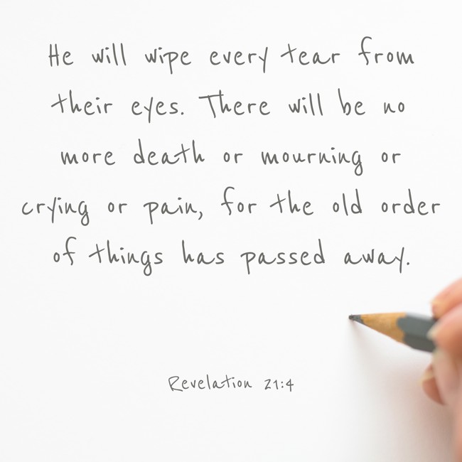 He will wipe every tear from their eyes. There will be no more death or mourning or crying or pain, for the old order of things has passed away. - Revelation 21:4