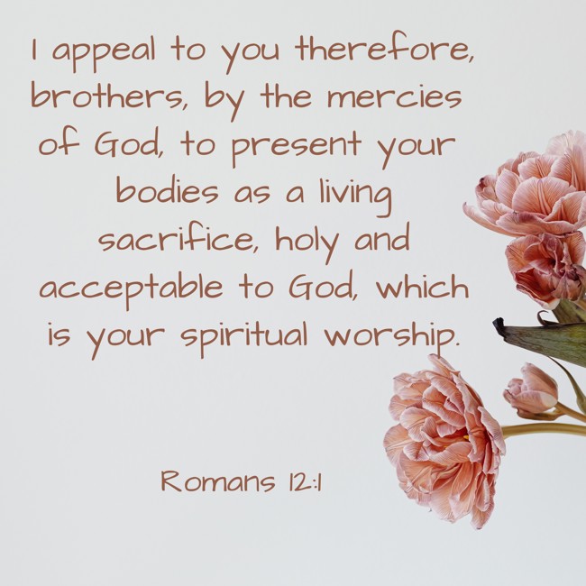 I appeal to you therefore, brothers, by the mercies of God, to present your bodies as a living sacrifice, holy and acceptable to God, which is your spiritual worship. - Romans 12:1