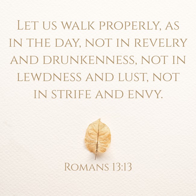  Let us walk properly, as in the day, not in revelry and drunkenness, not in lewdness and lust, not in strife and envy.   - Romans 13:13 