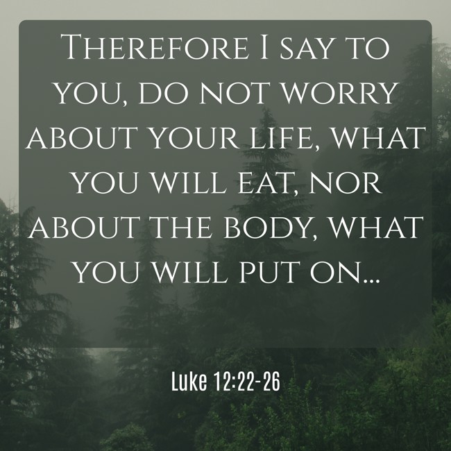 Therefore I say to you, do not worry about your life, what you will eat, nor about the body, what you will put on... - Luke 12:22-26