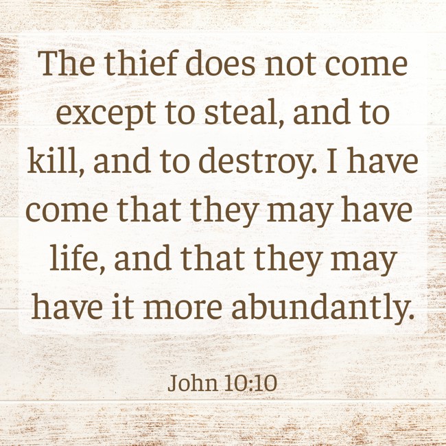 The thief does not come except to steal, and to kill, and to destroy. I have come that they may have life, and that they may have it more abundantly. - John 10:10