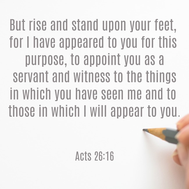But rise and stand upon your feet, for I have appeared to you for this purpose, to appoint you as a servant and witness to the things in which you have seen me and to those in which I will appear to you. - Acts 26:16