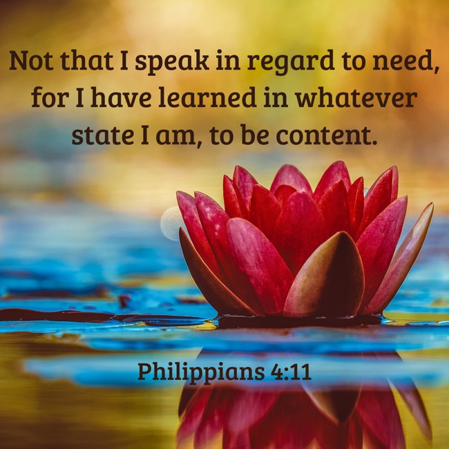 Not that I speak in regard to need, for I have learned in whatever state I am, to be content. - Philippians 4:11