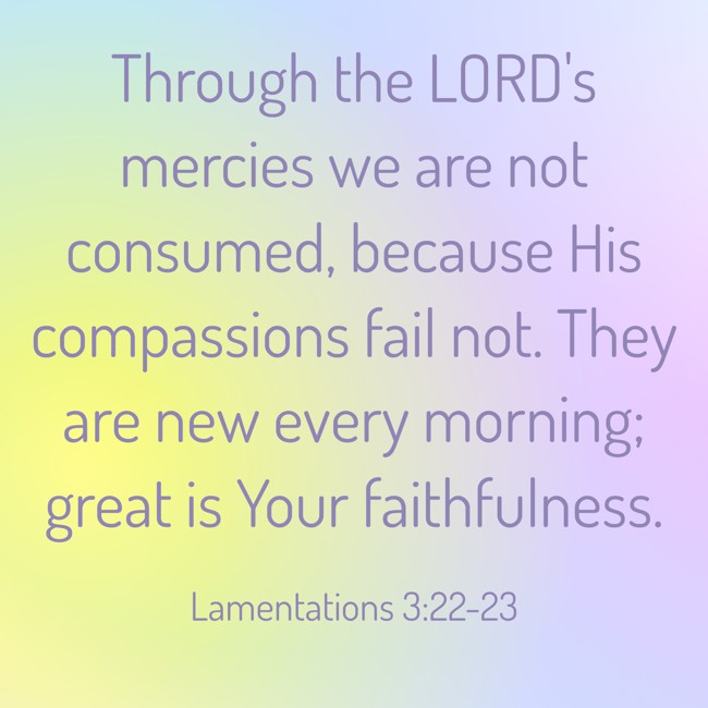 Through the LORD's mercies we are not consumed, because His compassions fail not. They are new every morning; great is Your faithfulness. - Lamentations 3:22-23