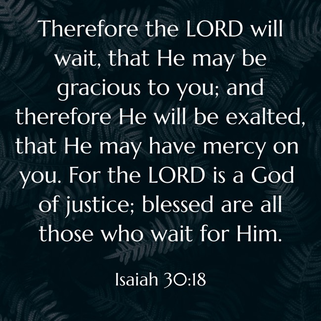 Therefore the LORD will wait, that He may be gracious to you; and therefore He will be exalted, that He may have mercy on you. For the LORD is a God of justice; blessed are all those who wait for Him. - Isaiah 30:18