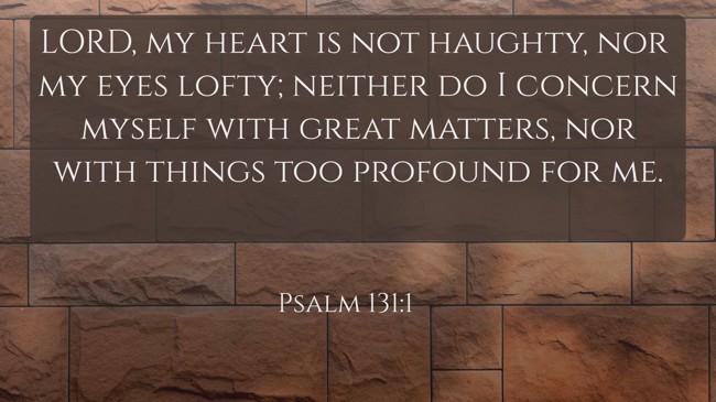 LORD, my heart is not haughty, nor my eyes lofty; neither do I concern myself with great matters, nor with things too profound for me. - Psalm 131:1