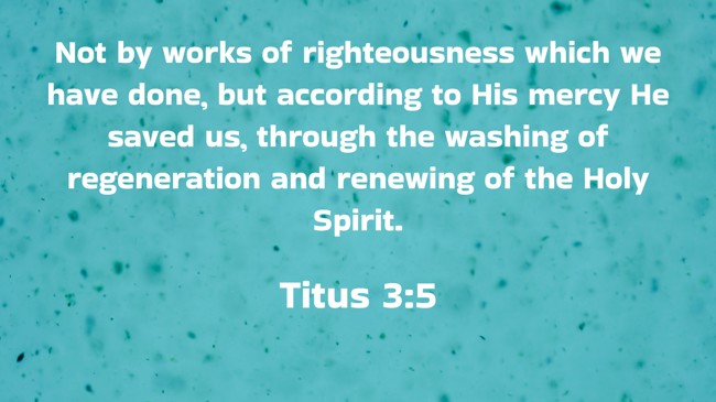 Not by works of righteousness which we have done, but according to His mercy He saved us, through the washing of regeneration and renewing of the Holy Spirit. - Titus 3:5