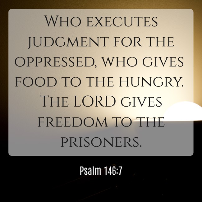 Who executes judgment for the oppressed, who gives food to the hungry. The LORD gives freedom to the prisoners. - Psalm 146:7