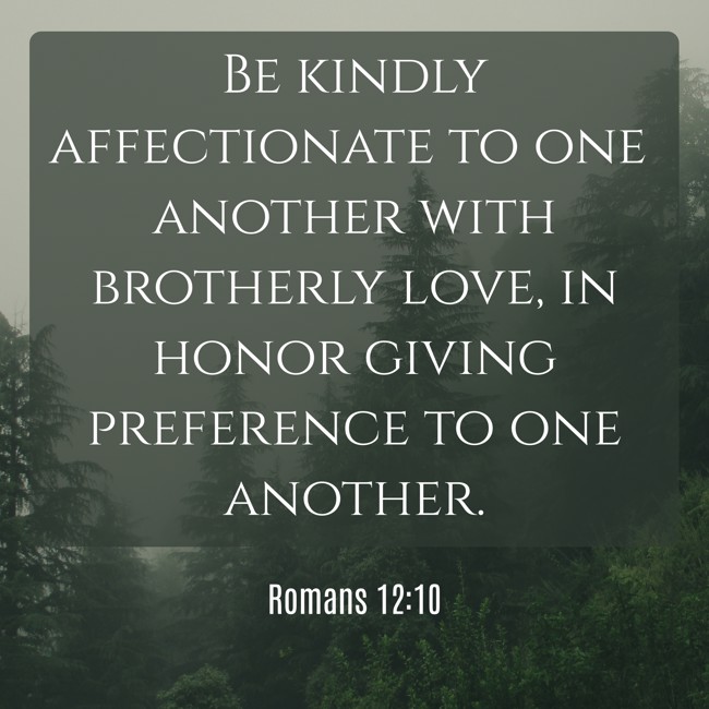 Be kindly affectionate to one another with brotherly love, in honor giving preference to one another. - Romans 12:10