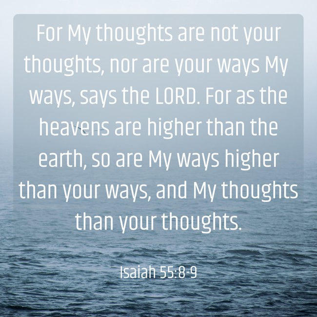 For My thoughts are not your thoughts, nor are your ways My ways, says the LORD. For as the heavens are higher than the earth, so are My ways higher than your ways, and My thoughts than your thoughts. - Isaiah 55:8-9