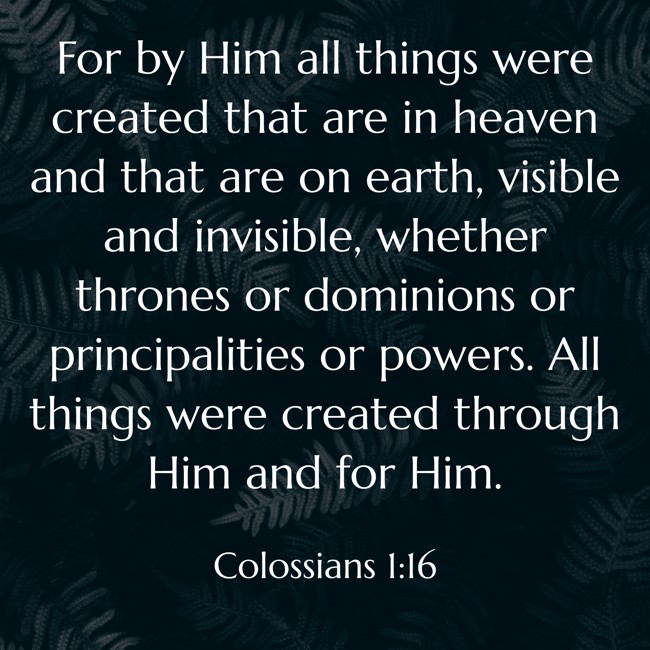 For by Him all things were created that are in heaven and that are on earth, visible and invisible, whether thrones or dominions or principalities or powers. All things were created through Him and for Him. - Colossians 1:16