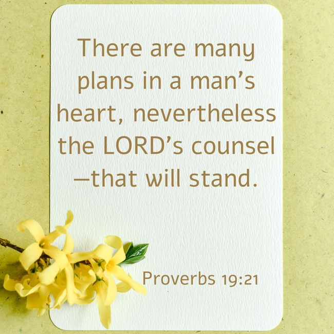  There are many plans in a man's heart, nevertheless the LORD's counsel—that will stand.   - Proverbs 19:21 