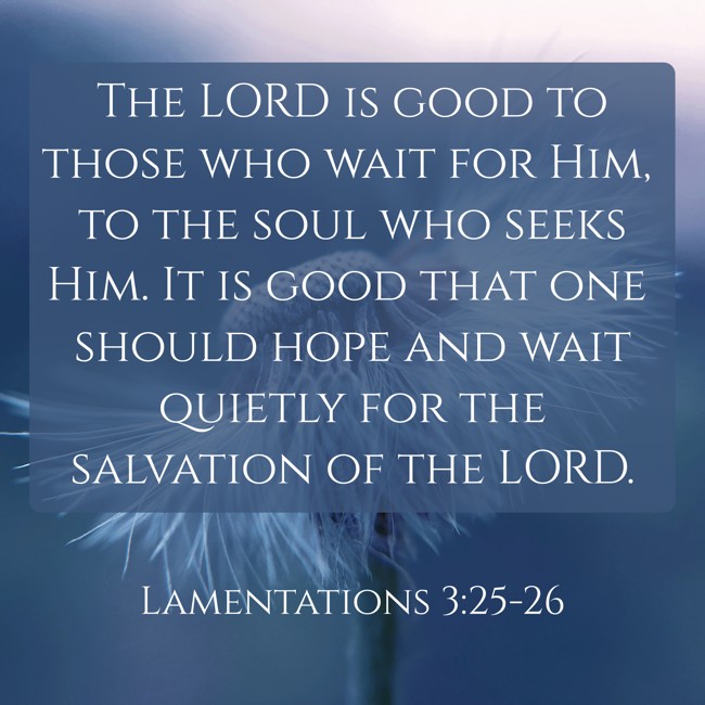 The LORD is good to those who wait for Him, to the soul who seeks Him. It is good that one should hope and wait quietly for the salvation of the LORD. - Lamentations 3:25-26