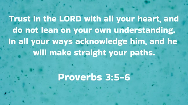 Trust in the LORD with all your heart, and do not lean on your own understanding. In all your ways acknowledge him, and he will make straight your paths. - Proverbs 3:5-6