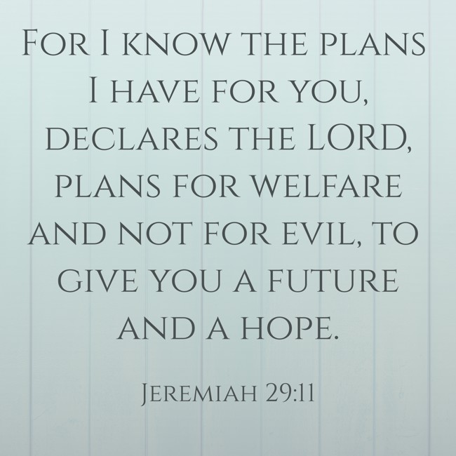  For I know the plans I have for you, declares the LORD, plans for welfare and not for evil, to give you a future and a hope.   - Jeremiah 29:11 