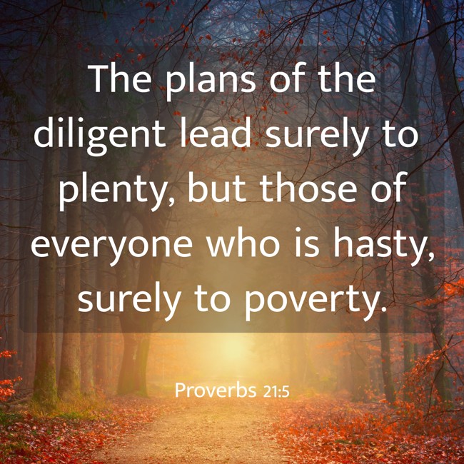 The plans of the diligent lead surely to plenty, but those of everyone who is hasty, surely to poverty. - Proverbs 21:5
