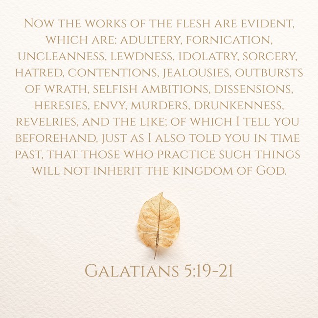 Now the works of the flesh are evident, which are: adultery, fornication, uncleanness, lewdness, idolatry, sorcery, hatred, contentions, jealousies, outbursts of wrath, selfish ambitions, dissensions, heresies, envy, murders, drunkenness, revelries, and the like; of which I tell you beforehand, just as I also told you in time past, that those who practice such things will not inherit the kingdom of God. - Galatians 5:19-21