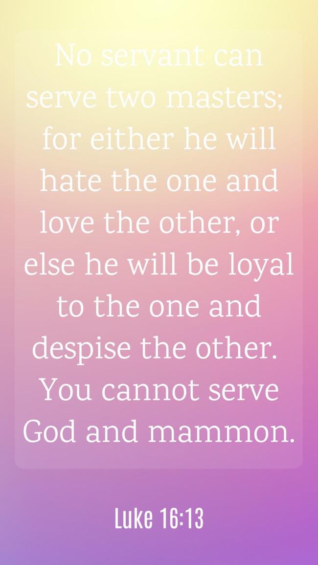 No servant can serve two masters; for either he will hate the one and love the other, or else he will be loyal to the one and despise the other. You cannot serve God and mammon. - Luke 16:13