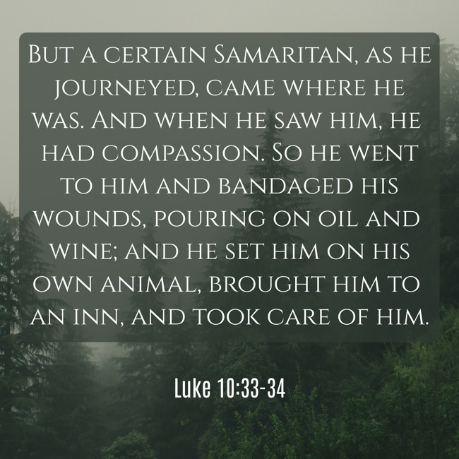 But a certain Samaritan, as he journeyed, came where he was. And when he saw him, he had compassion. So he went to him and bandaged his wounds, pouring on oil and wine; and he set him on his own animal, brought him to an inn, and took care of him. - Luke 10:33-34