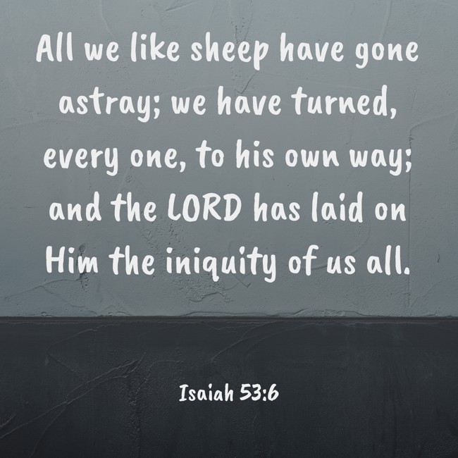All we like sheep have gone astray; we have turned, every one, to his own way; and the LORD has laid on Him the iniquity of us all. - Isaiah 53:6