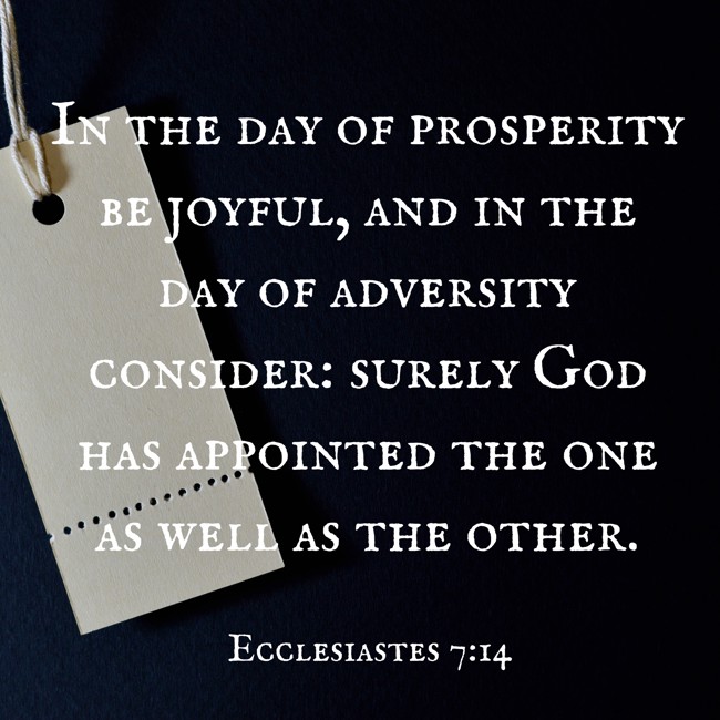 In the day of prosperity be joyful, and in the day of adversity consider: surely God has appointed the one as well as the other. - Ecclesiastes 7:14