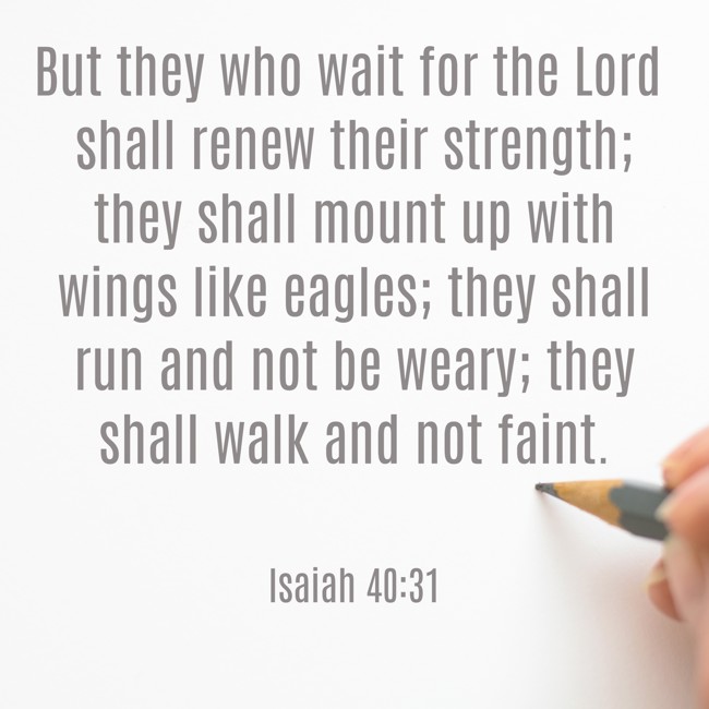 But they who wait for the Lord shall renew their strength; they shall mount up with wings like eagles; they shall run and not be weary; they shall walk and not faint. - Isaiah 40:31