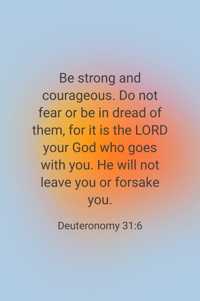 Be strong and courageous. Do not fear or be in dread of them, for it is the LORD your God who goes with you. He will not leave you or forsake you. - Deuteronomy 31:6